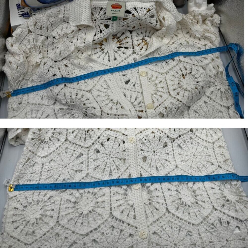 🆕 FARM Rio 🧿 NWOT White Semisheer Floral Button-Up Crochet Cover-Up Dress, M - Picture 14 of 15